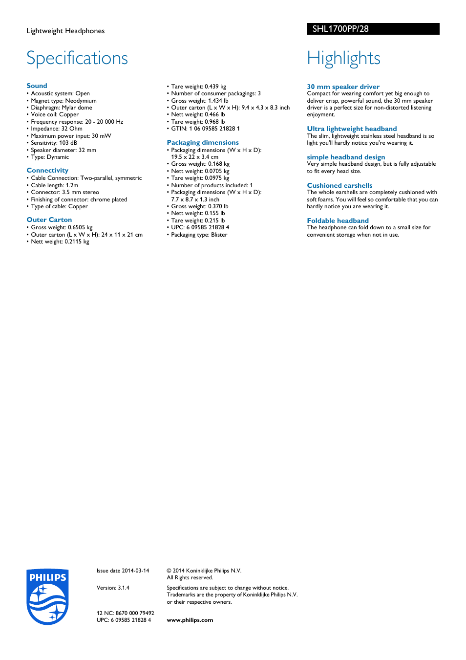 Specifications, Highlights | Philips SHL1700PP-28 User Manual | Page 2 / 2