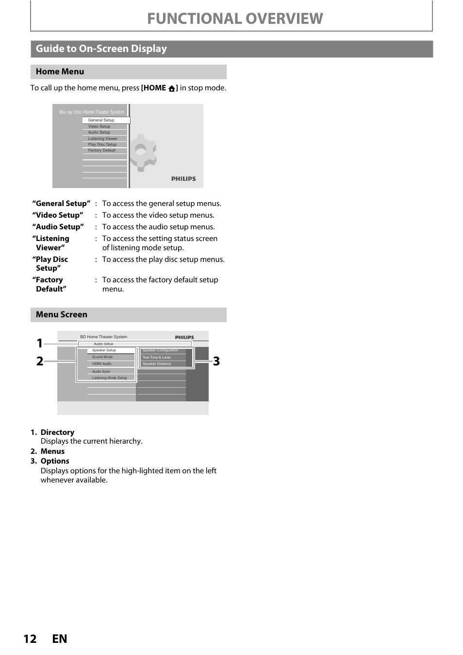 Guide to on-screen display, Functional overview | Philips HTS5100B-F7 User Manual | Page 12 / 56