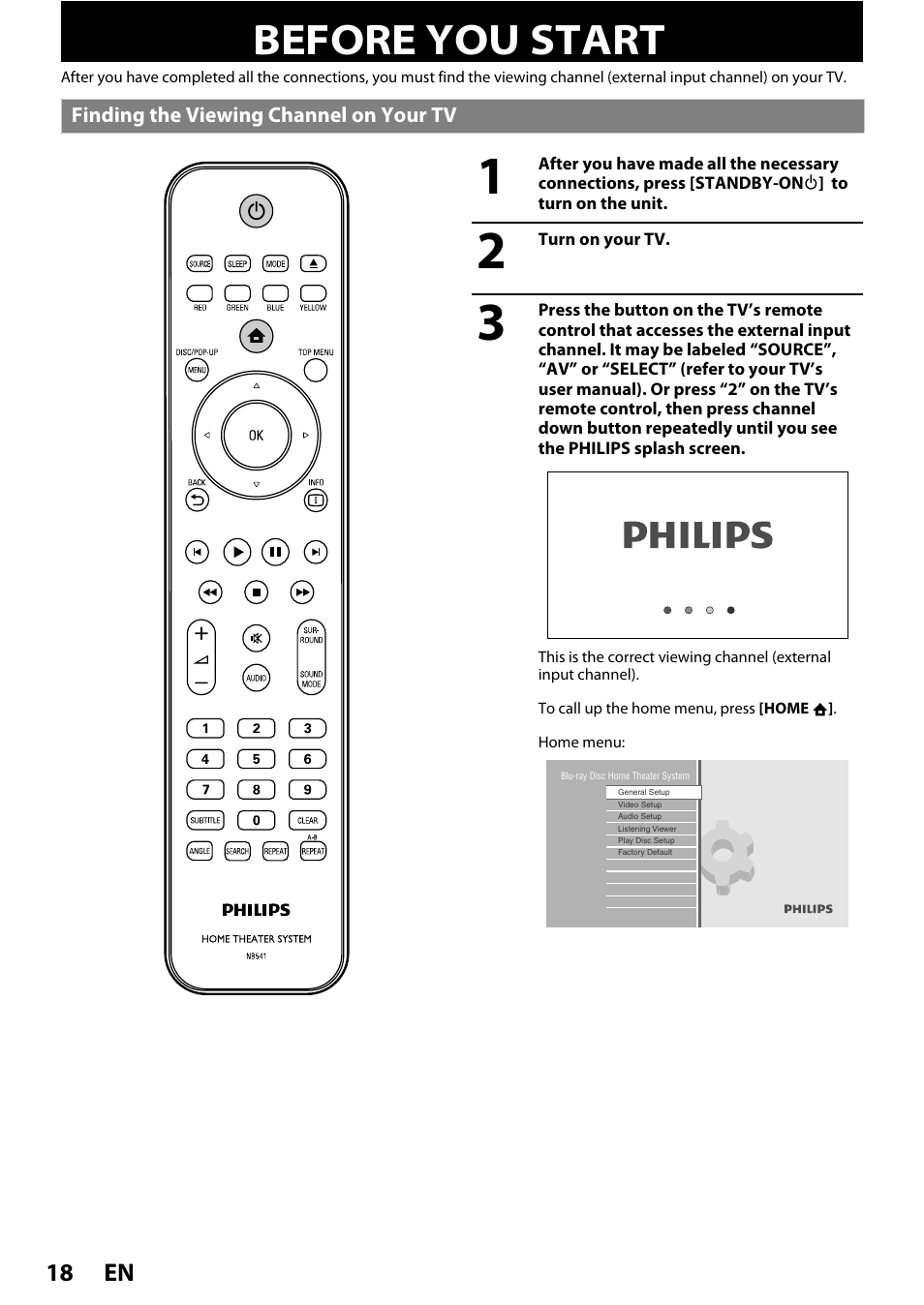 Basic setup, Before you start, Finding the viewing channel on your tv | En 18 | Philips HTS5100B-F7 User Manual | Page 18 / 56
