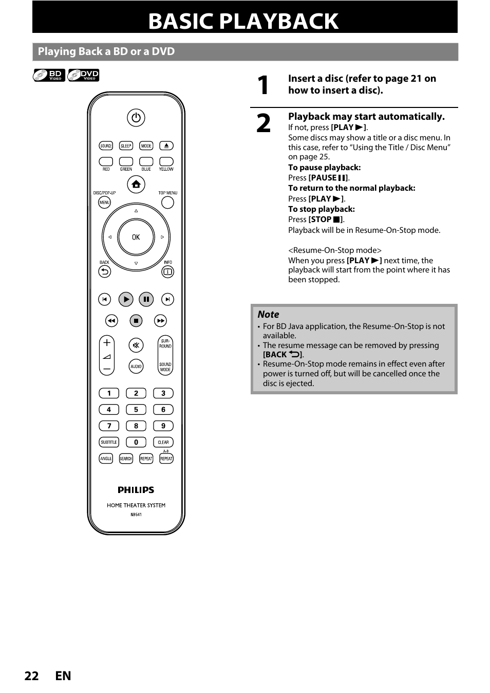 Basic playback, Playing back a bd or a dvd | Philips HTS5100B-F7 User Manual | Page 22 / 56