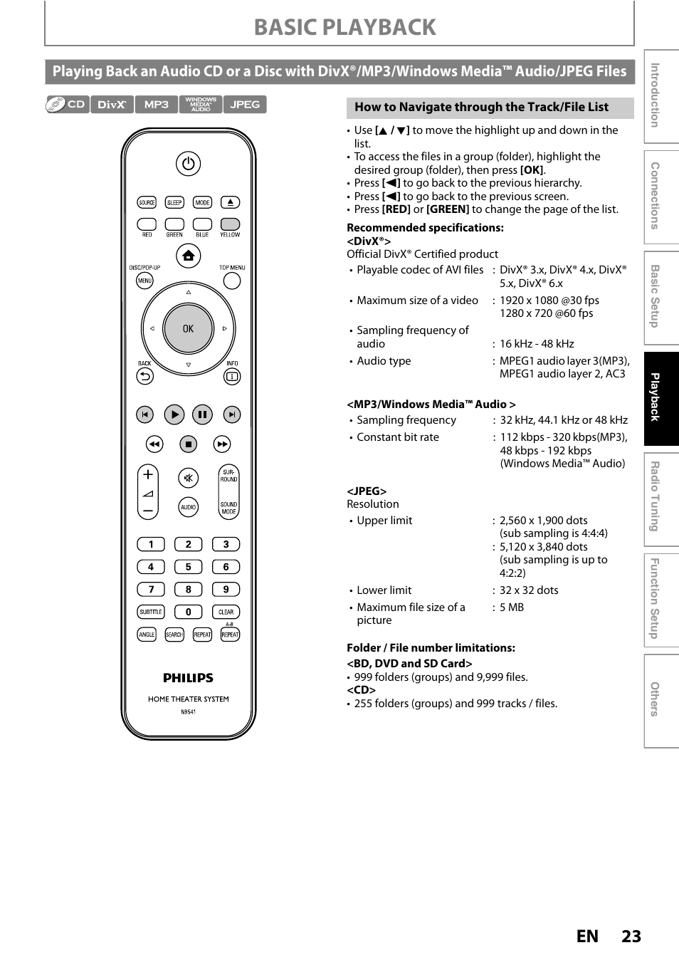 Playing back an audio cd or a disc with divx®/mp3, Windows media™ audio/jpeg files, Basic playback | Philips HTS5100B-F7 User Manual | Page 23 / 56