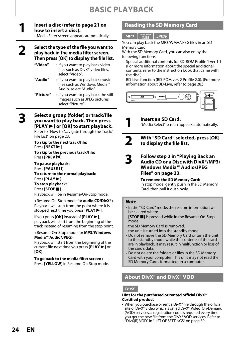 Basic playback | Philips HTS5100B-F7 User Manual | Page 24 / 56