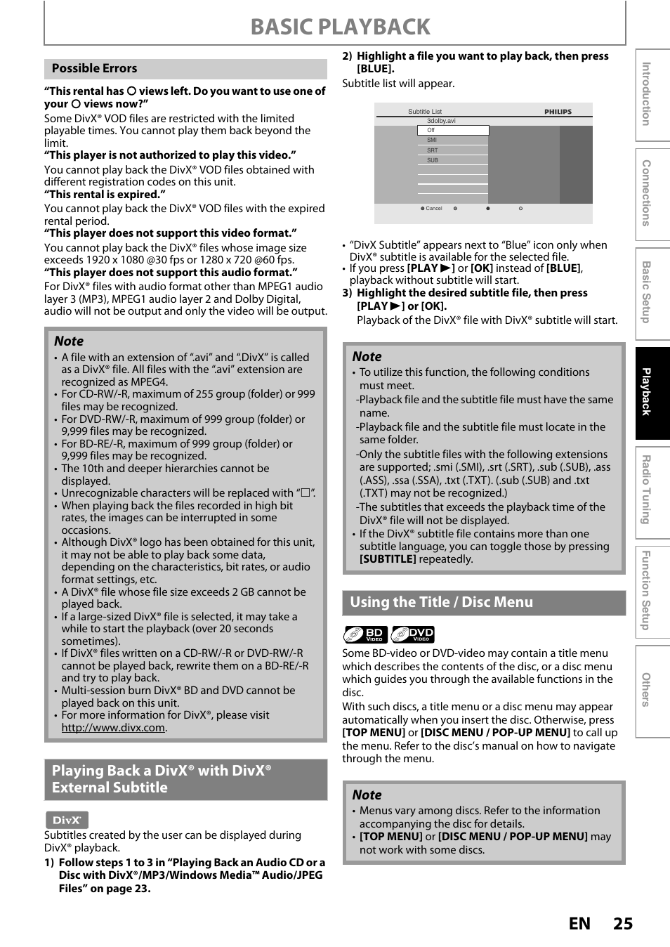 Basic playback, Playing back a divx® with divx® external subtitle, Using the title / disc menu | Philips HTS5100B-F7 User Manual | Page 25 / 56
