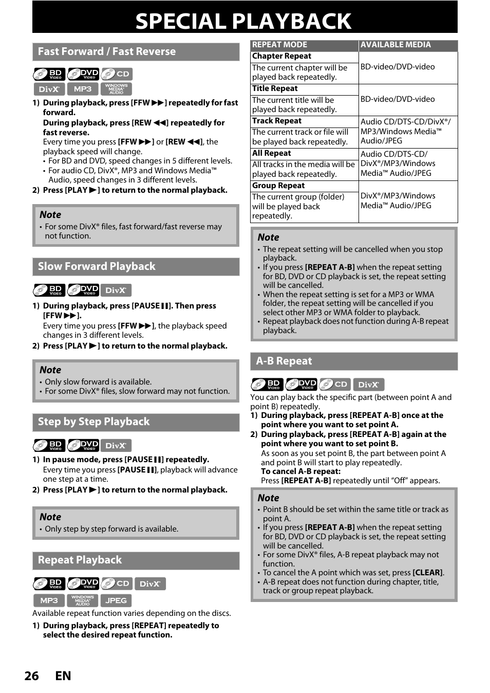 Special playback, En 26, Fast forward / fast reverse | Slow forward playback, Step by step playback, Repeat playback, A-b repeat | Philips HTS5100B-F7 User Manual | Page 26 / 56