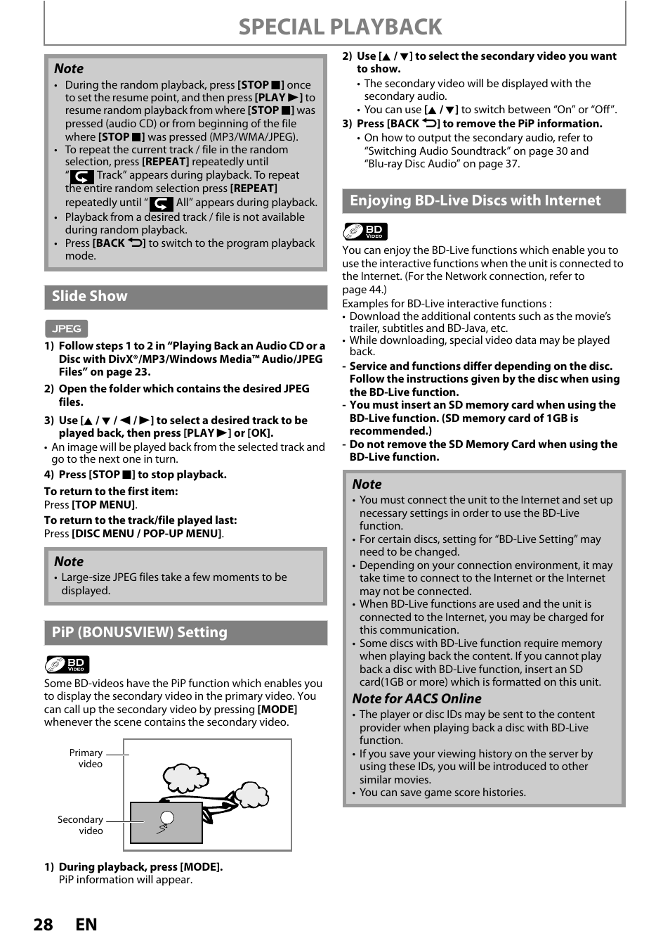 Special playback, Slide show, Pip (bonusview) setting | Enjoyi ng bd-live disc s with internet | Philips HTS5100B-F7 User Manual | Page 28 / 56