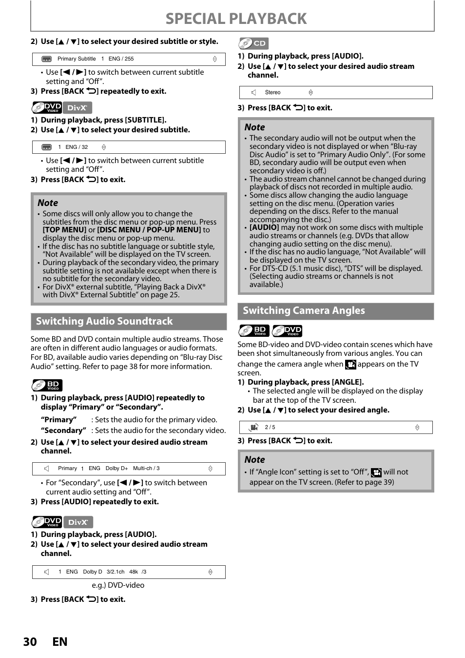 Switching audio soundtrack switching camera angles, Special playback, Switching audio soundtrack | Switching camera angles | Philips HTS5100B-F7 User Manual | Page 30 / 56