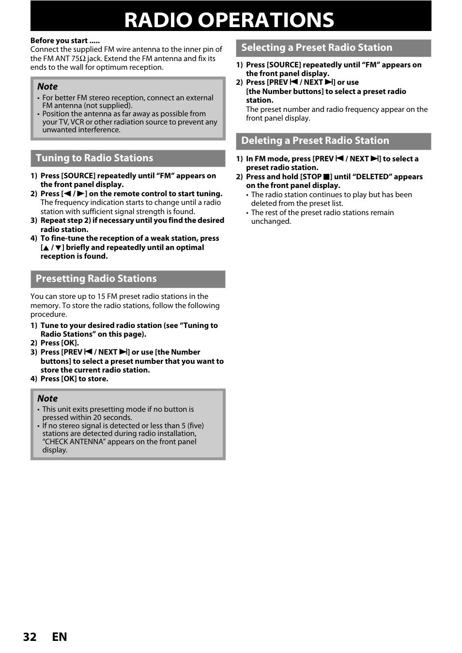 Radio tuning, Radio operations, En 32 | Tuning to radio stations presetting radio stations | Philips HTS5100B-F7 User Manual | Page 32 / 56