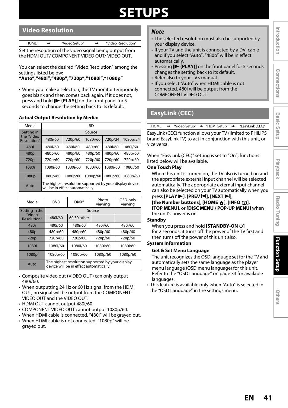 Setups, Video resolution easylink (cec), 41 en | Video resolution, Easylink (cec) | Philips HTS5100B-F7 User Manual | Page 41 / 56