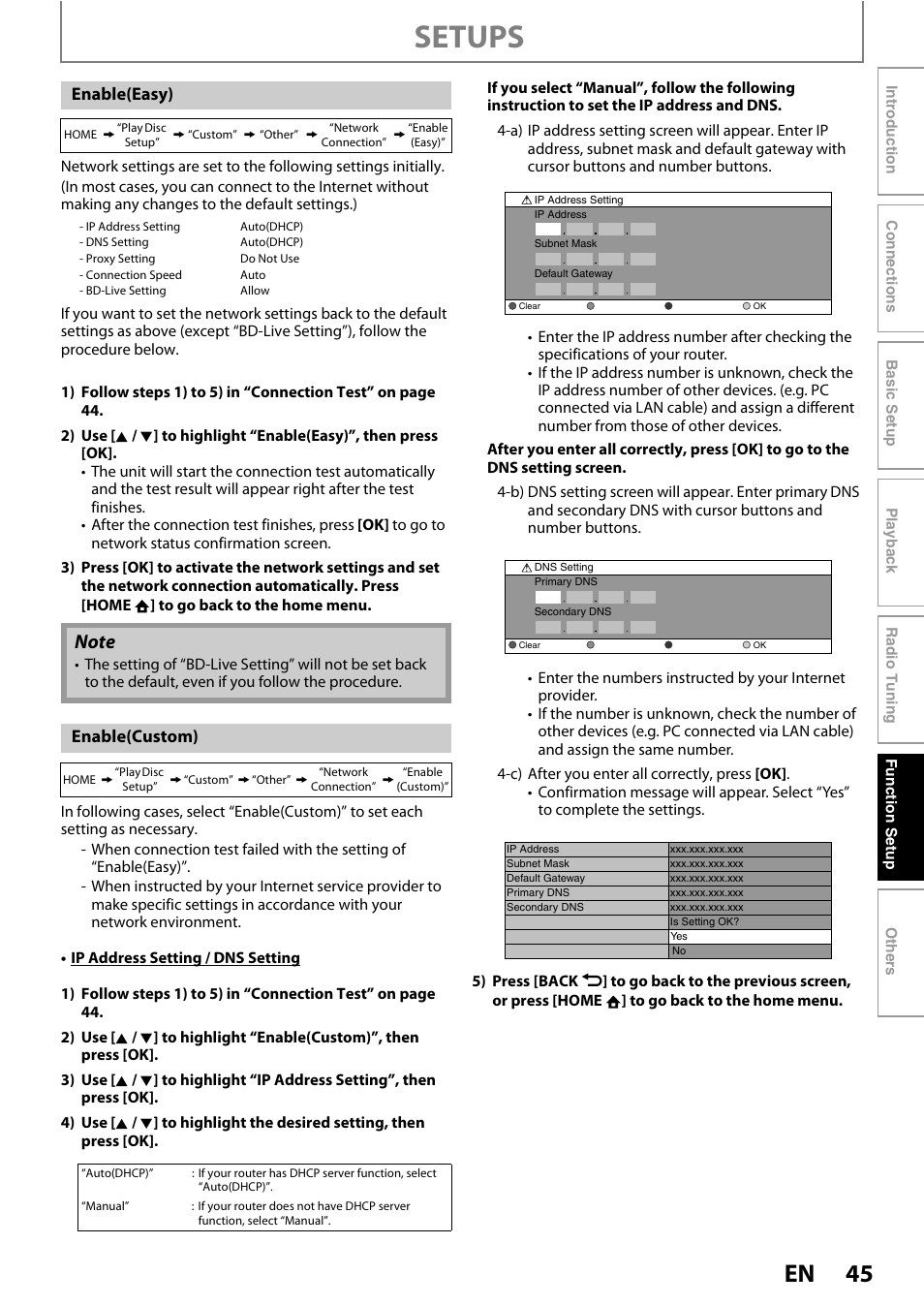 Setups, Enable(easy), Enable(custom) | Philips HTS5100B-F7 User Manual | Page 45 / 56