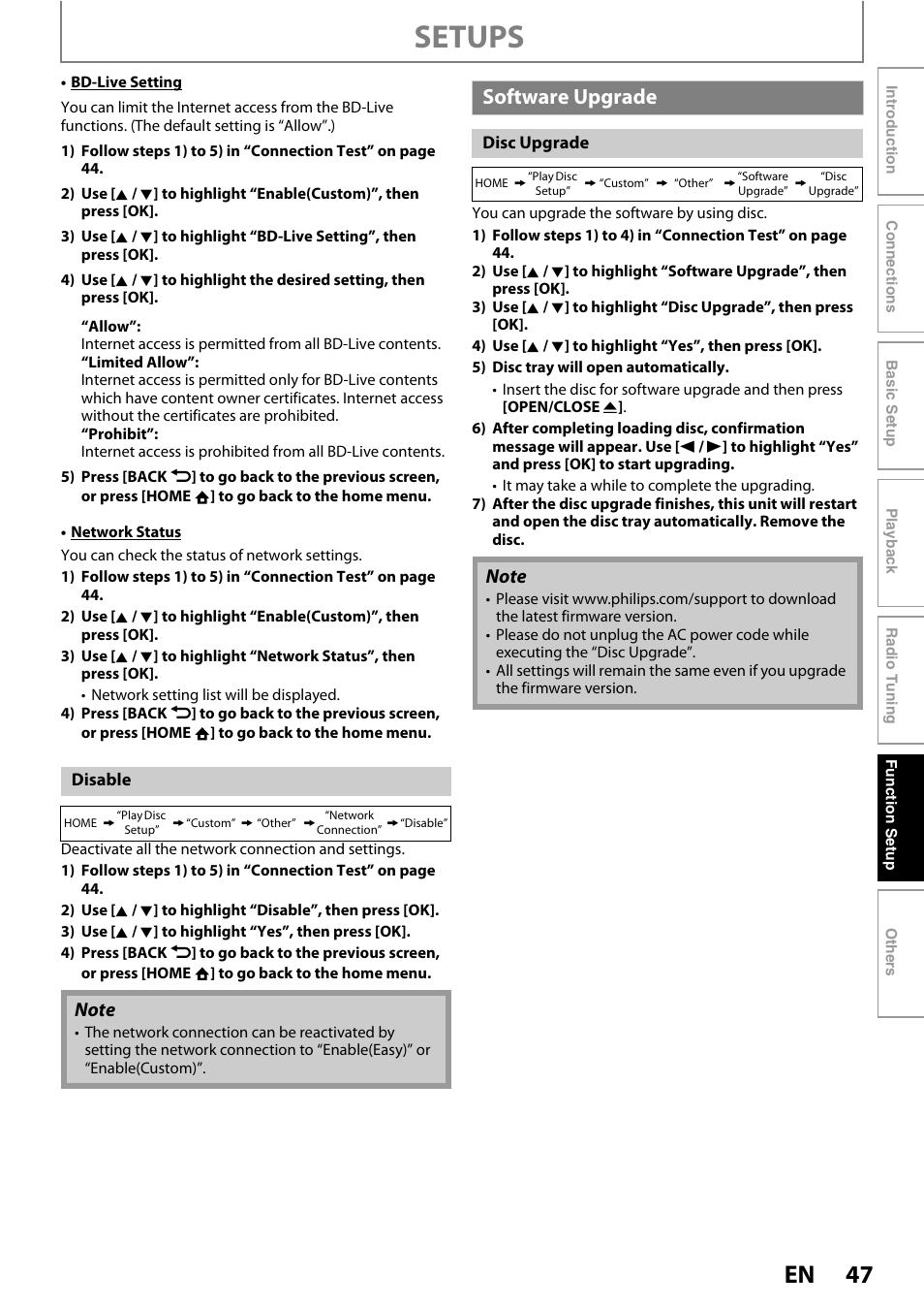 Software upgrade, Setups | Philips HTS5100B-F7 User Manual | Page 47 / 56