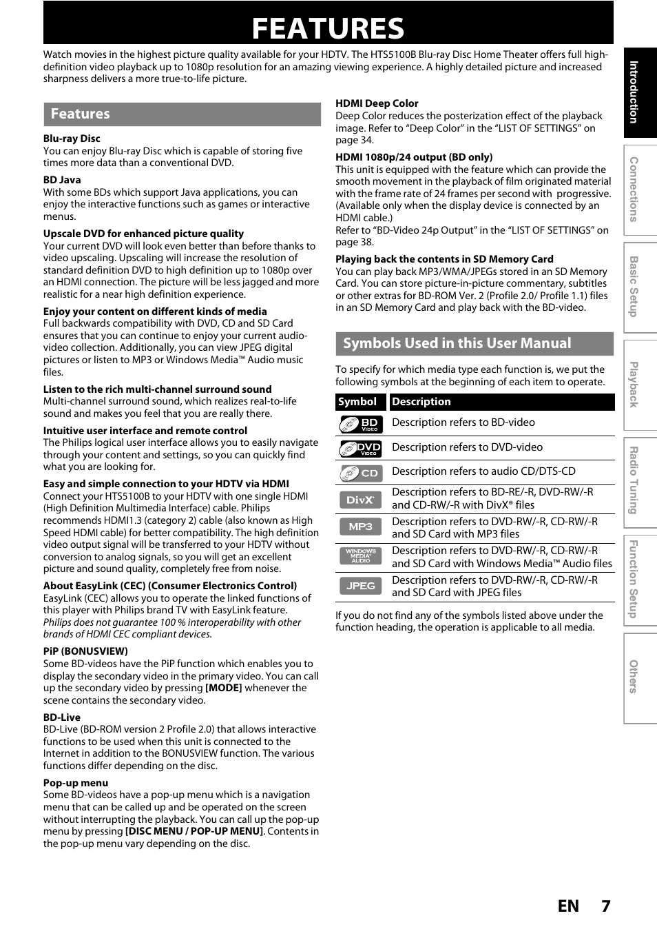 Features, Features symbols used in this user manual | Philips HTS5100B-F7 User Manual | Page 7 / 56