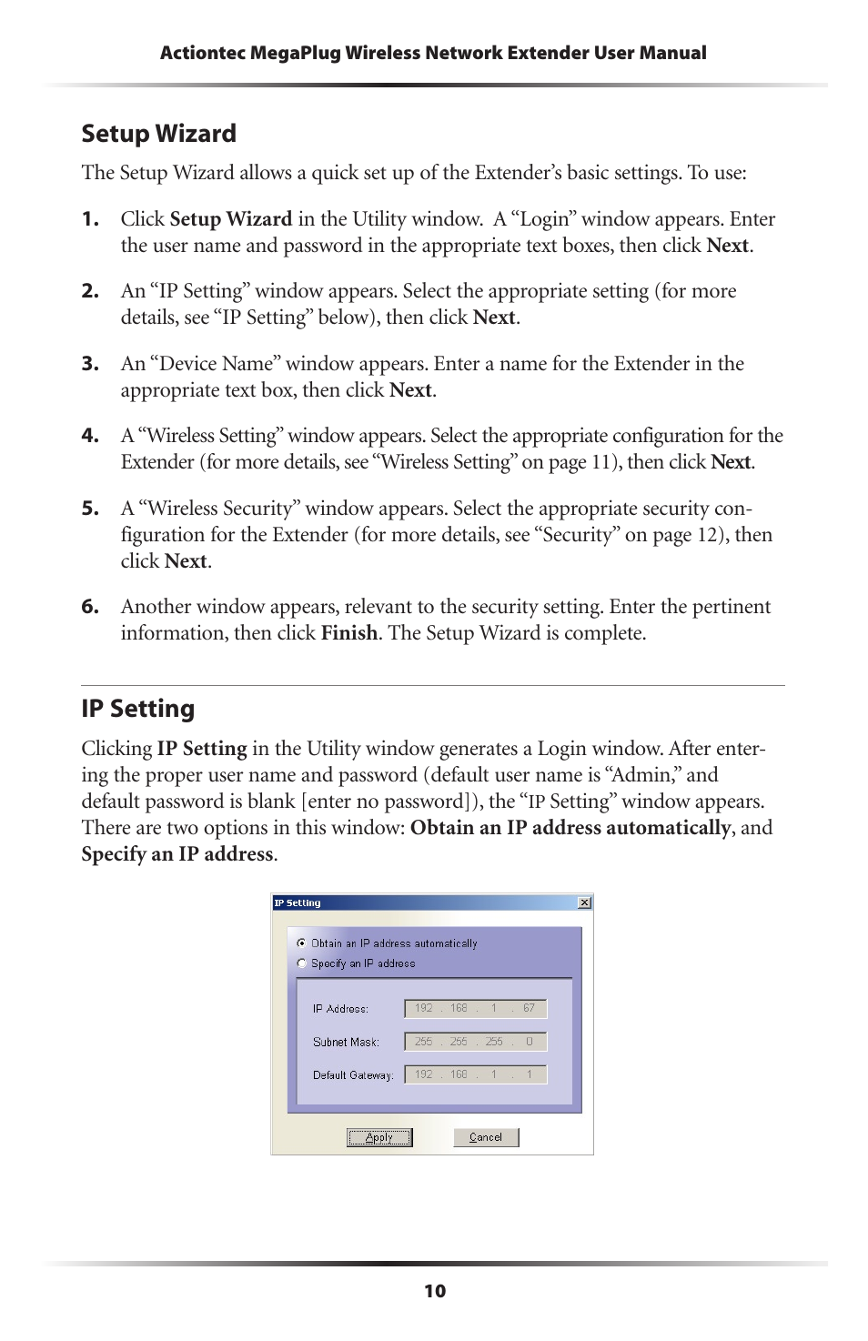 Setup wizard, Ip setting, 10 ip setting | Actiontec electronic HPAP108T User Manual | Page 13 / 69