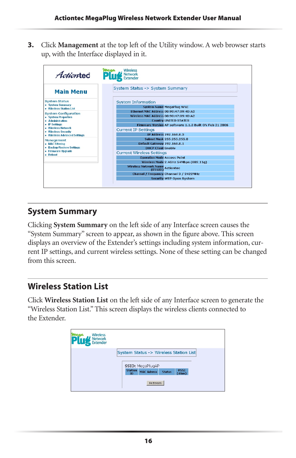 System summary, Wireless station list, 16 wireless station list | Actiontec electronic HPAP108T User Manual | Page 19 / 69