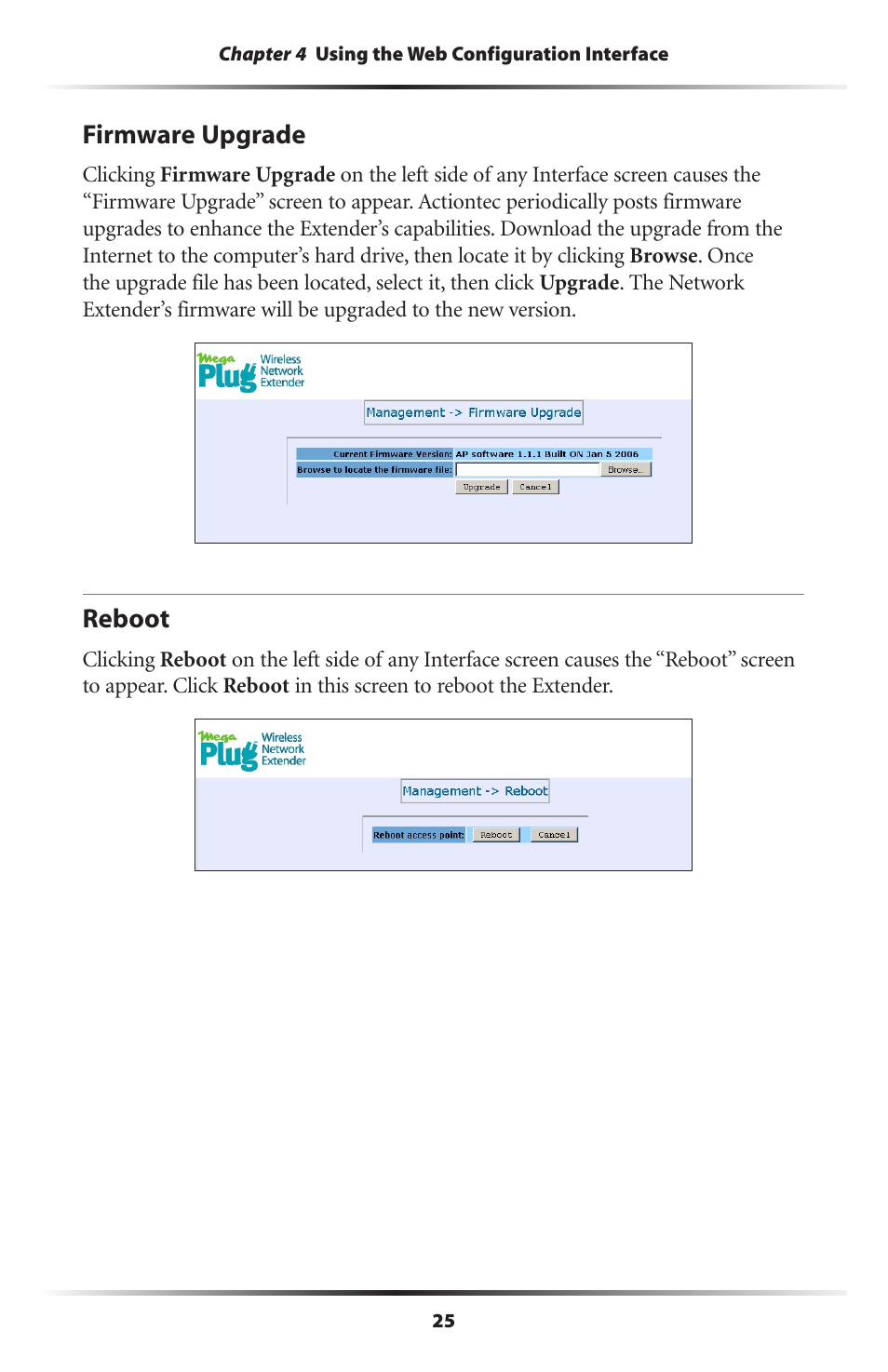 Firmware upgrade, Reboot, 25 reboot | Actiontec electronic HPAP108T User Manual | Page 28 / 69