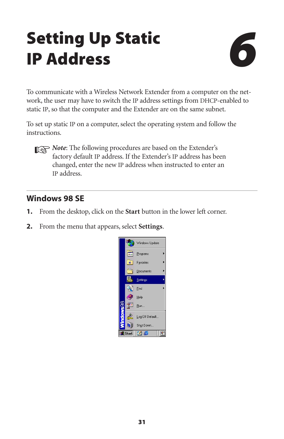 Setting up static ip address, Windows 98 se | Actiontec electronic HPAP108T User Manual | Page 34 / 69