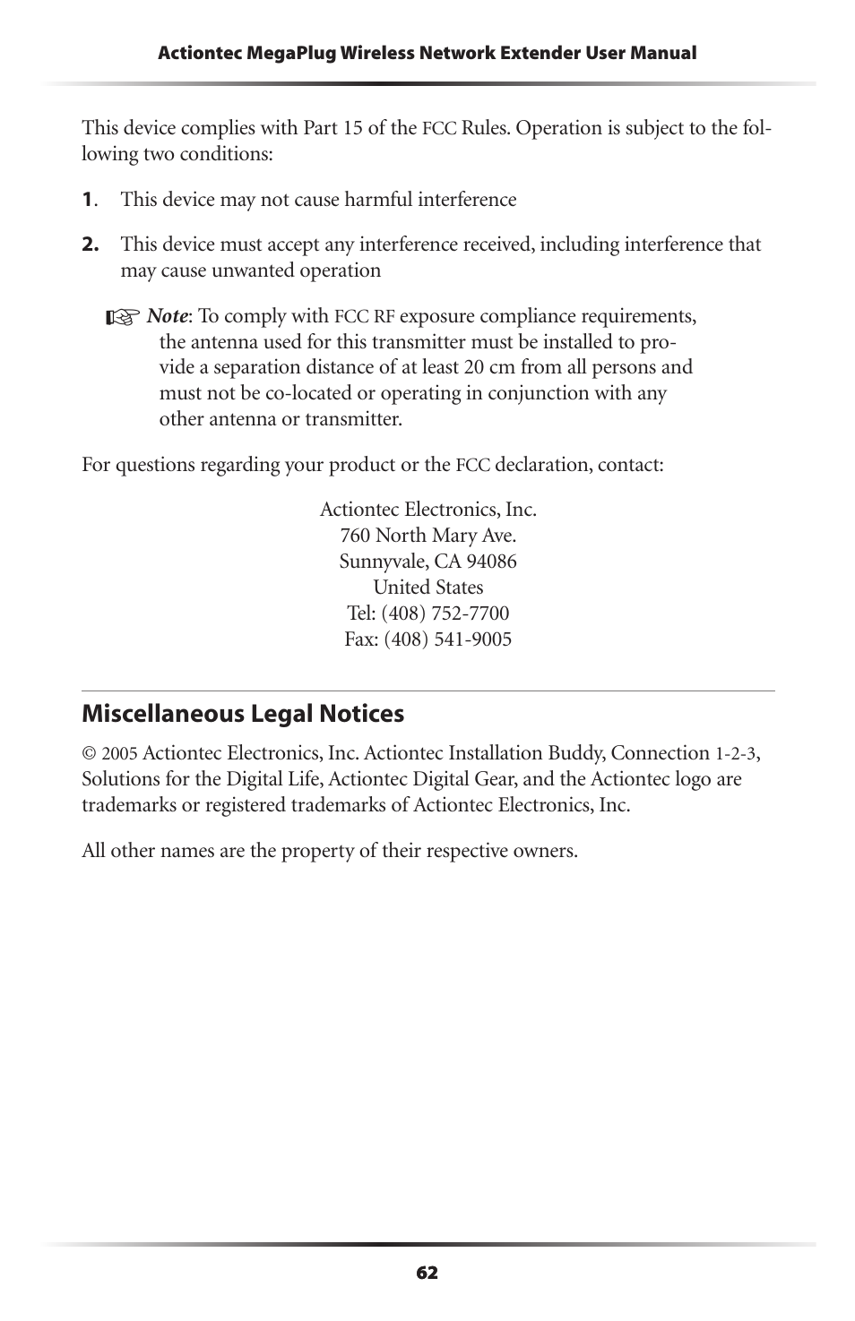 Miscellaneous legal notices | Actiontec electronic HPAP108T User Manual | Page 65 / 69