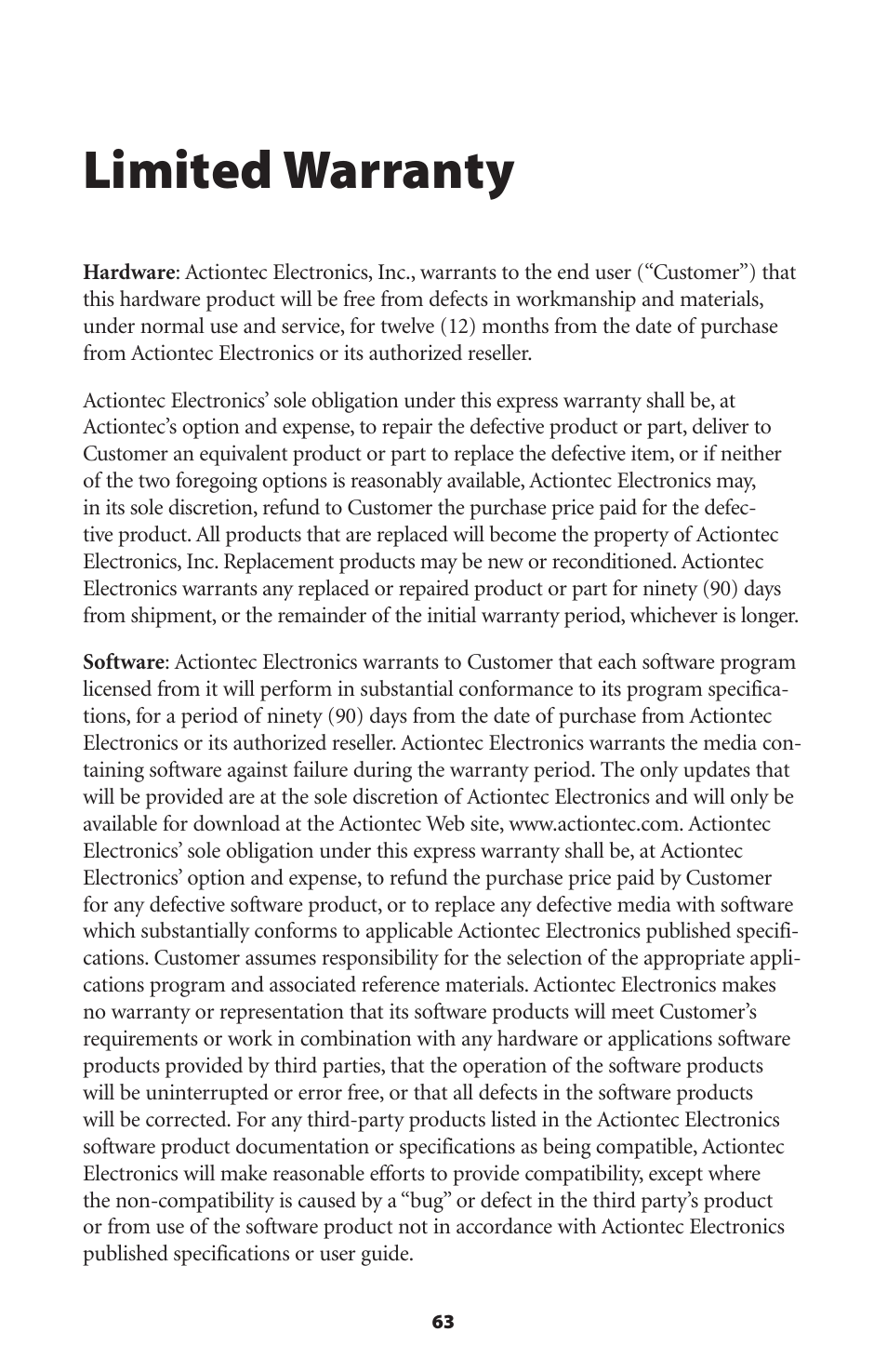 Limited warranty | Actiontec electronic HPAP108T User Manual | Page 66 / 69