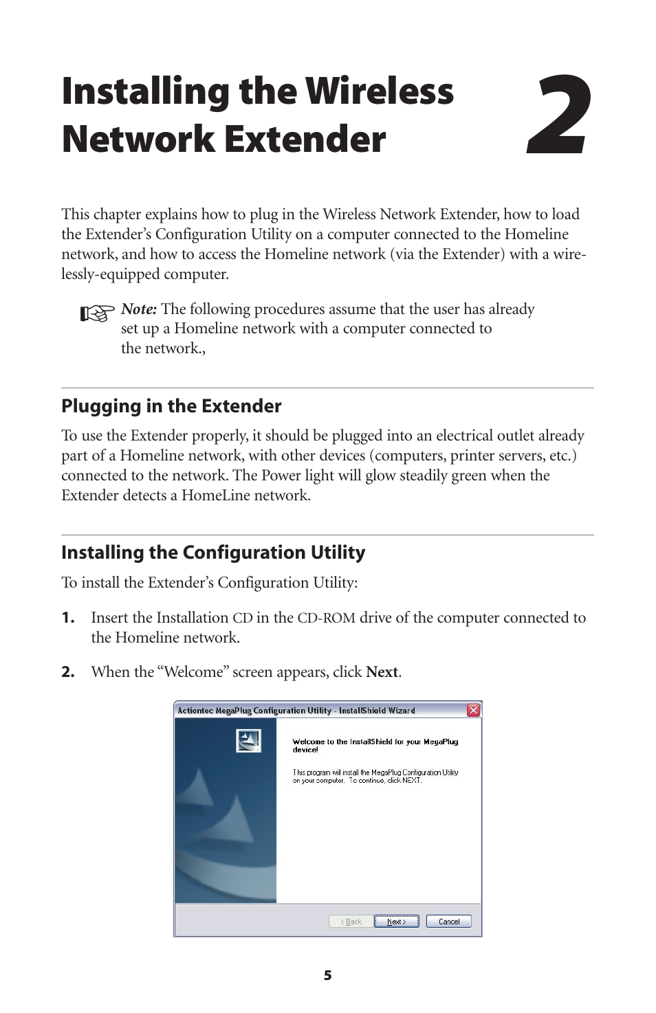 Installing the wireless network extender, Plugging in the extender, Installing the configuration utility | 5 installing the configuration utility | Actiontec electronic HPAP108T User Manual | Page 8 / 69