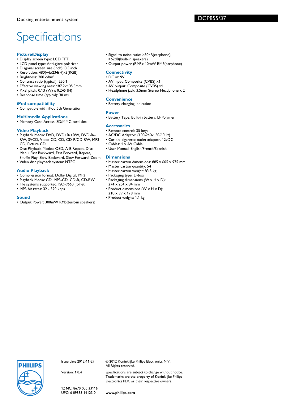 Specifications | Philips DCP855-37 User Manual | Page 3 / 3