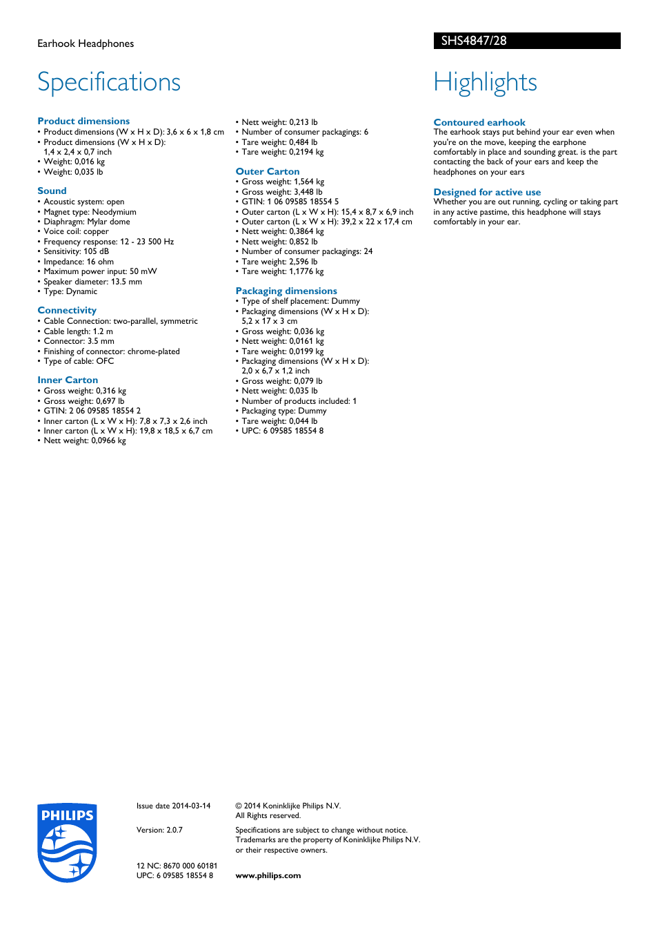 Specifications, Highlights | Philips SHS4847-28 User Manual | Page 2 / 2