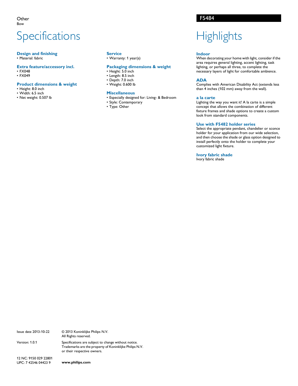 Specifications, Highlights, F5484 | Philips F5484 User Manual | Page 2 / 2