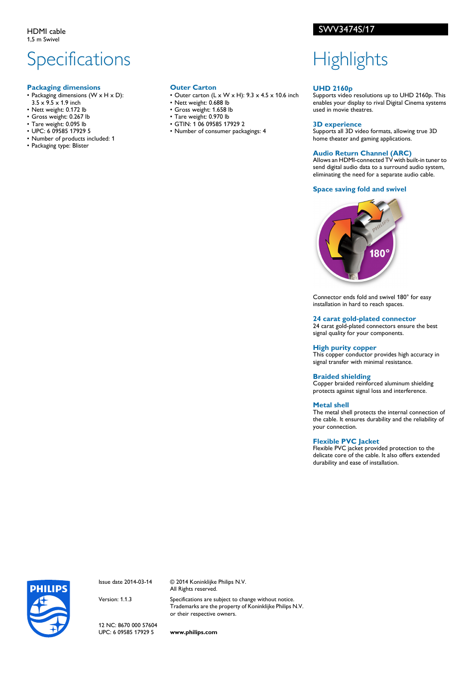 Specifications, Highlights | Philips SWV3474S-17 User Manual | Page 2 / 2