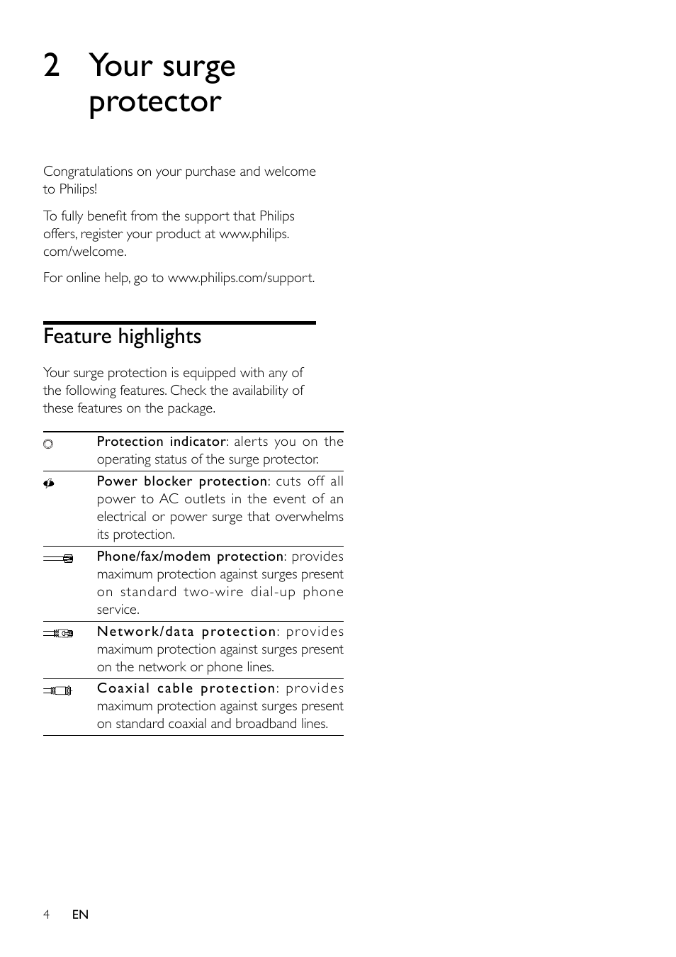 2 your surge protector, Feature highlights | Philips Home Office Surge Protector SPP4068A 6 outlets 1440J 2 USB Charging ports User Manual | Page 4 / 10