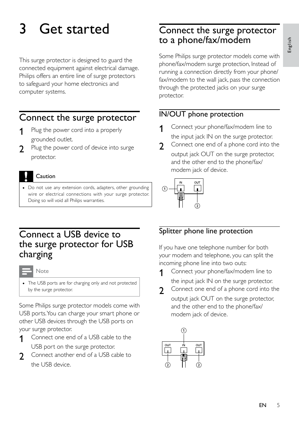 3 get started, Connect the surge protector to a phone/fax/modem, Connect the surge protector 1 | Philips Home Office Surge Protector SPP4068A 6 outlets 1440J 2 USB Charging ports User Manual | Page 5 / 10