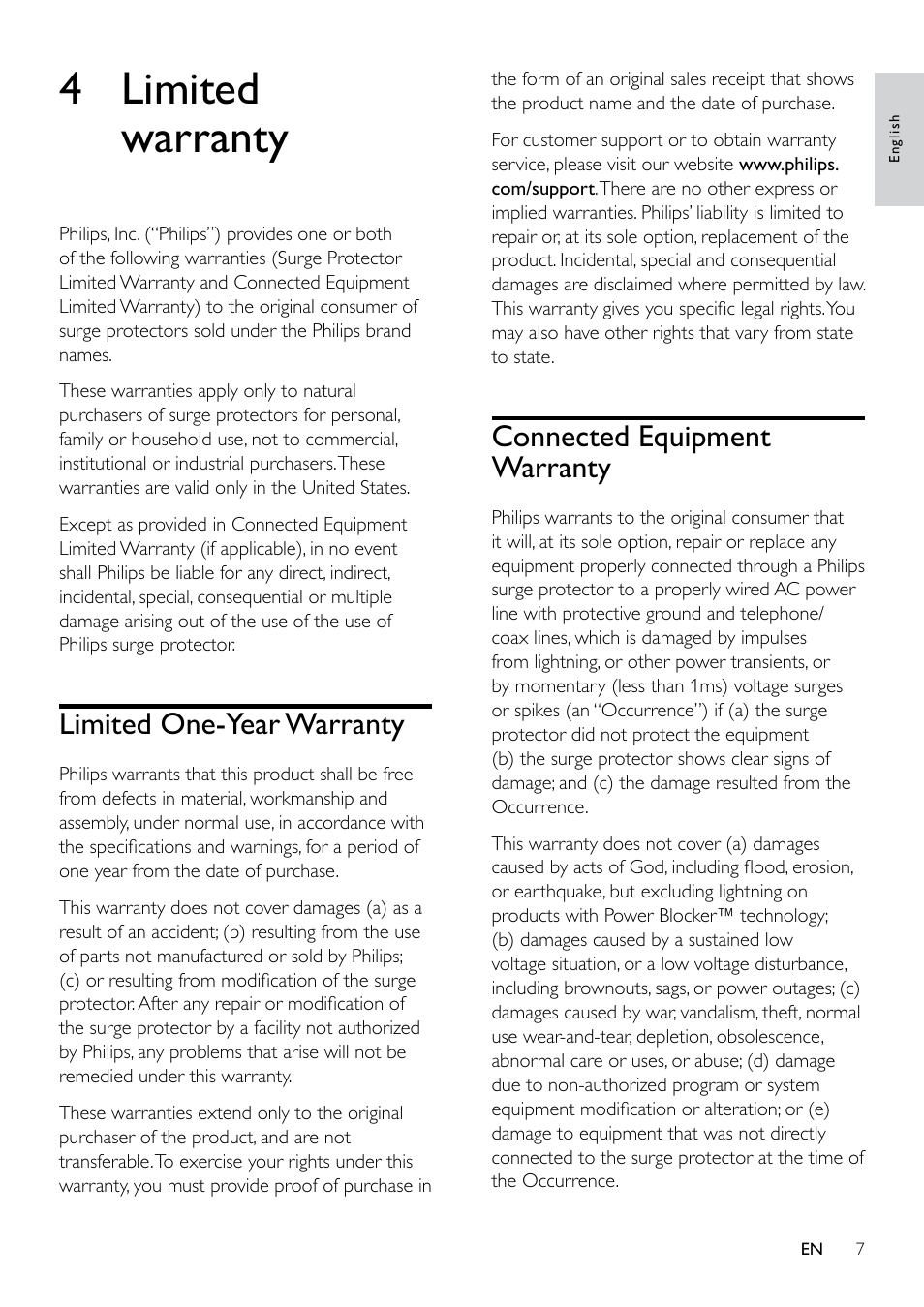 4 limited warranty, Connected equipment warranty, Limited one-year warranty | Philips Home Office Surge Protector SPP4068A 6 outlets 1440J 2 USB Charging ports User Manual | Page 7 / 10