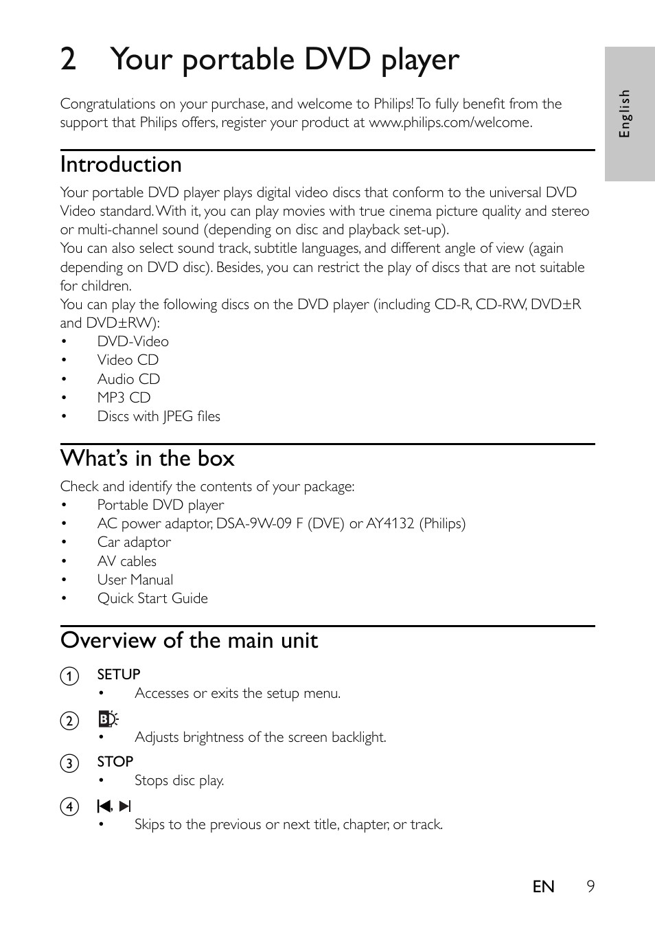 2 your portable dvd player, Introduction, What’s in the box | Overview of the main unit | Philips Portable DVD Player User Manual | Page 10 / 19