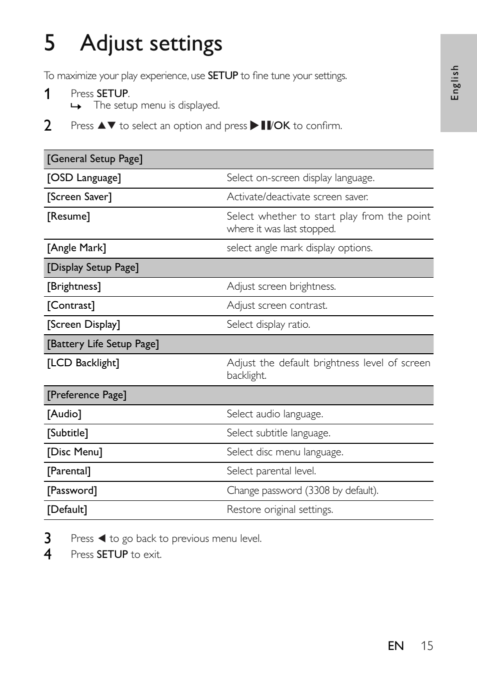 5 adjust settings | Philips Portable DVD Player User Manual | Page 16 / 19