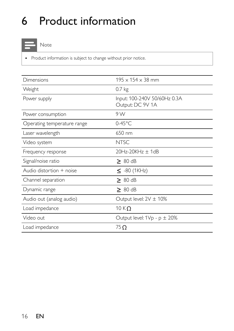 6 product information | Philips Portable DVD Player User Manual | Page 17 / 19