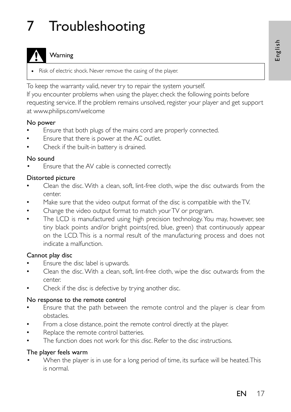 7 troubleshooting | Philips Portable DVD Player User Manual | Page 18 / 19