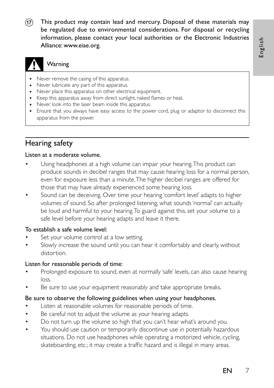 Hearing safety | Philips Portable DVD Player User Manual | Page 8 / 19