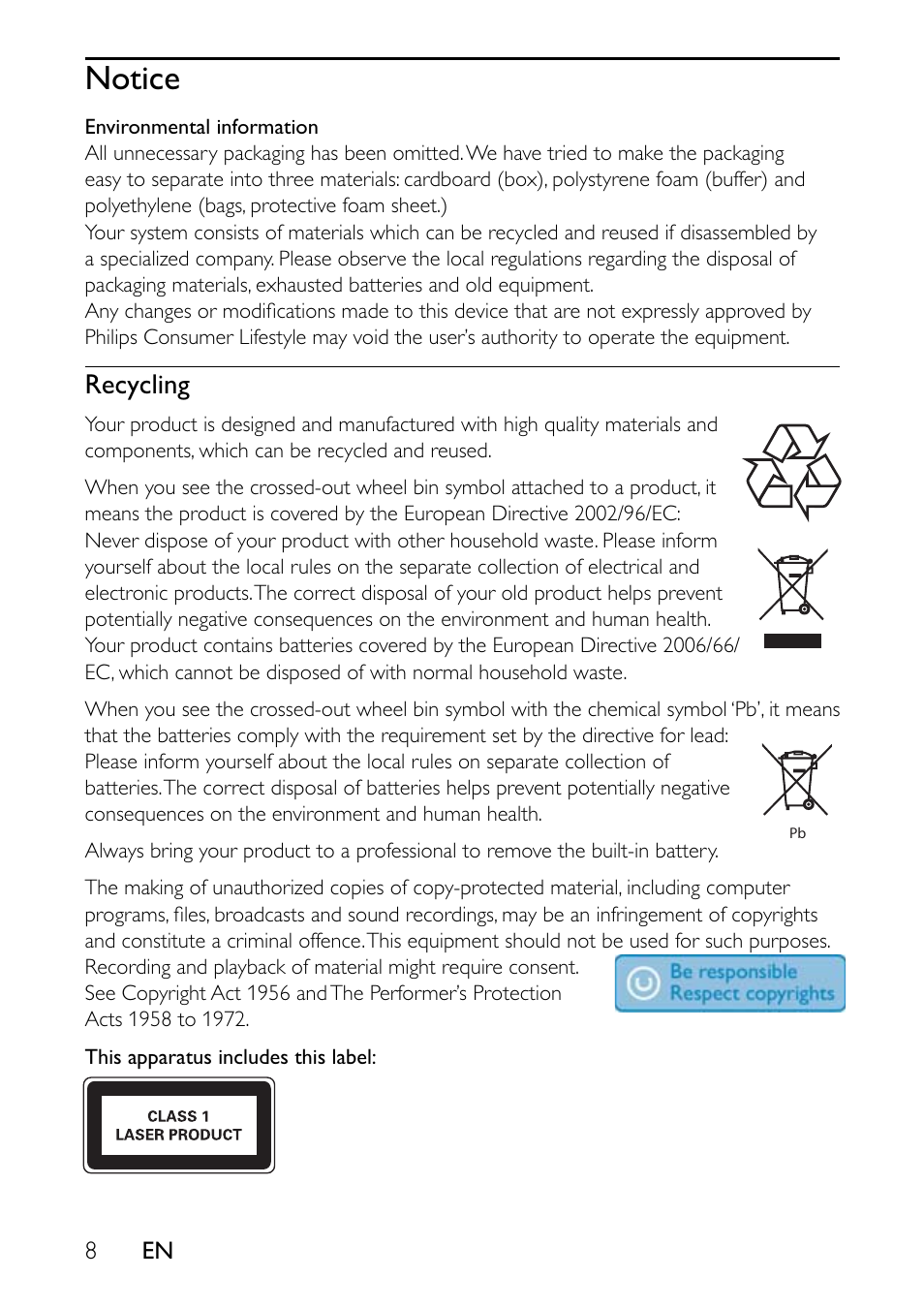 Notice, Recycling | Philips Portable DVD Player User Manual | Page 9 / 19