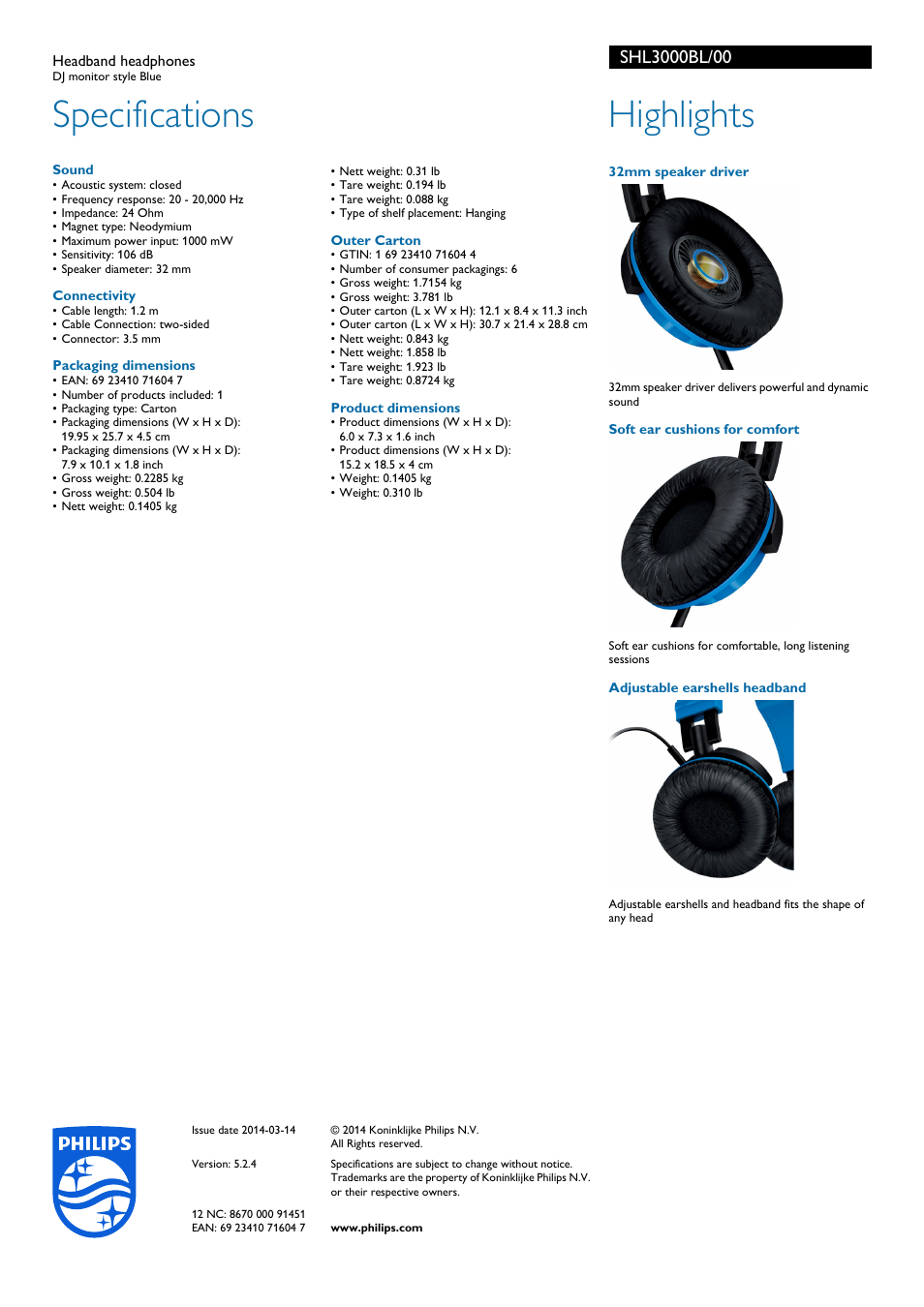 Specifications, Highlights | Philips SHL3000BL-00 User Manual | Page 2 / 2