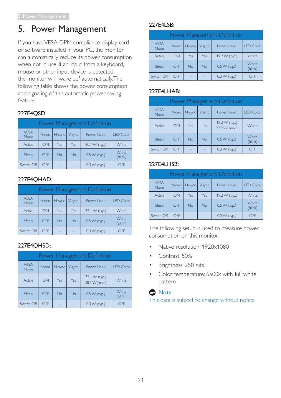 Power management, 227e4qhad: power management definition, 227e4qhsd: power management definition | 227e4lsb: power management definition, 227e4lhab: power management definition, 227e4lhsb: power management definition | Philips 227E4LSB-00 User Manual | Page 23 / 40