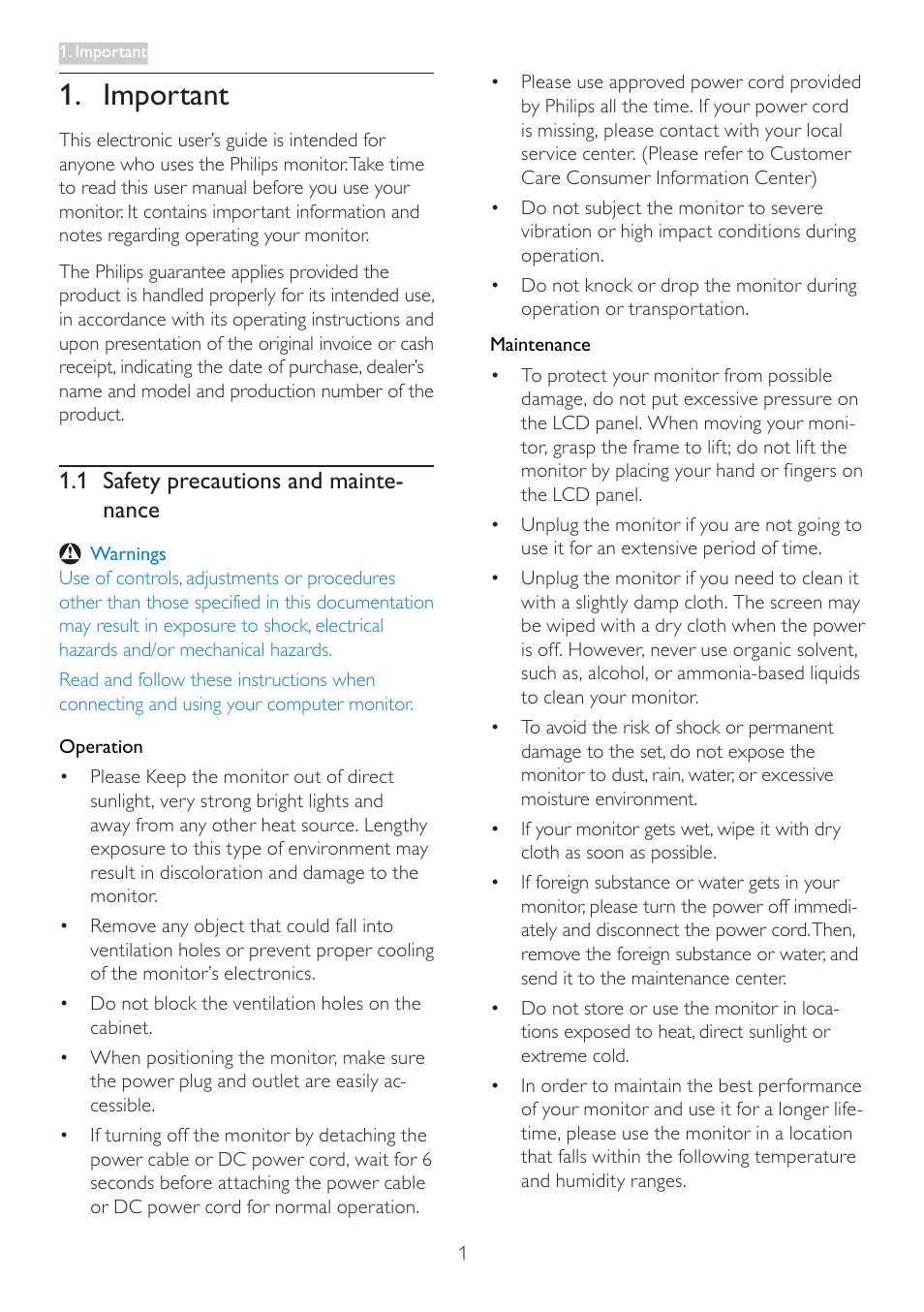 Important, 1 safety precautions and maintenance, 1 safety precautions and mainte- nance | Philips 227E4LSB-00 User Manual | Page 3 / 40