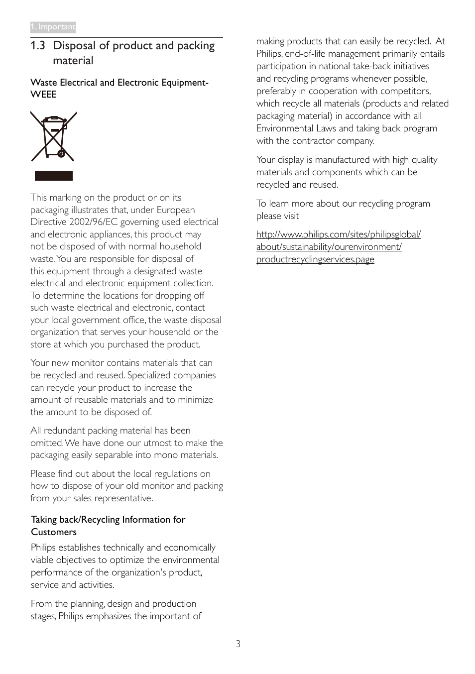 3 disposal of product and packing material, 3 disposal of product and packing, Material | Philips 227E4LSB-00 User Manual | Page 5 / 40