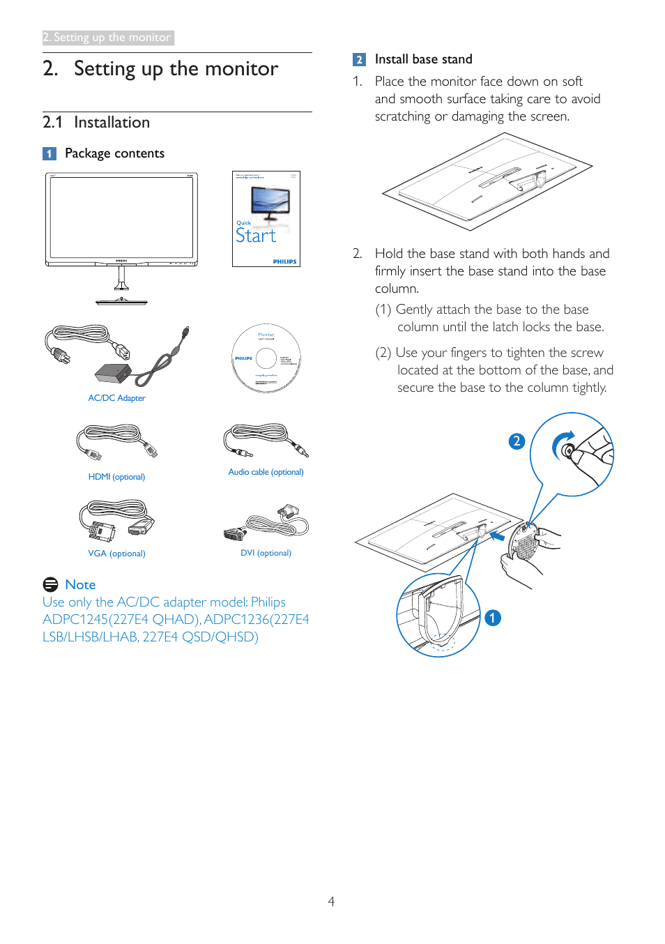 Setting up the monitor, 1 installation | Philips 227E4LSB-00 User Manual | Page 6 / 40