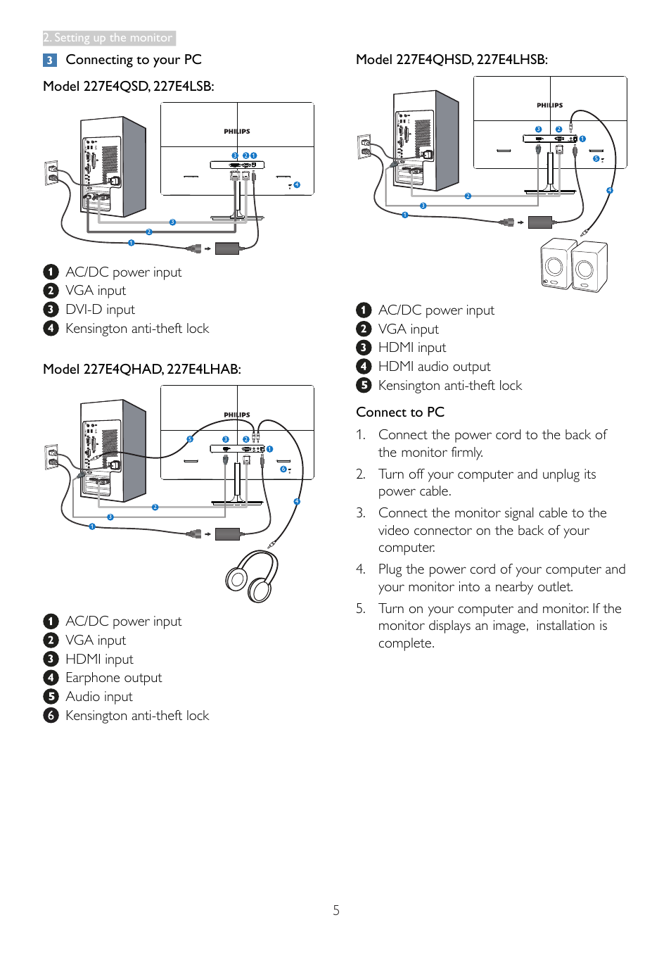 Setting up the monitor | Philips 227E4LSB-00 User Manual | Page 7 / 40