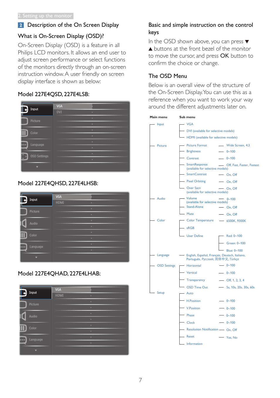 Setting up the monitor | Philips 227E4LSB-00 User Manual | Page 9 / 40