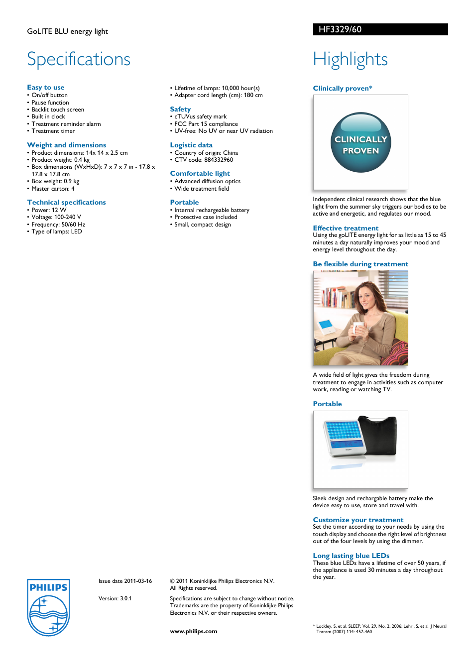 Specifications, Highlights | Philips HF3329-60 User Manual | Page 2 / 2