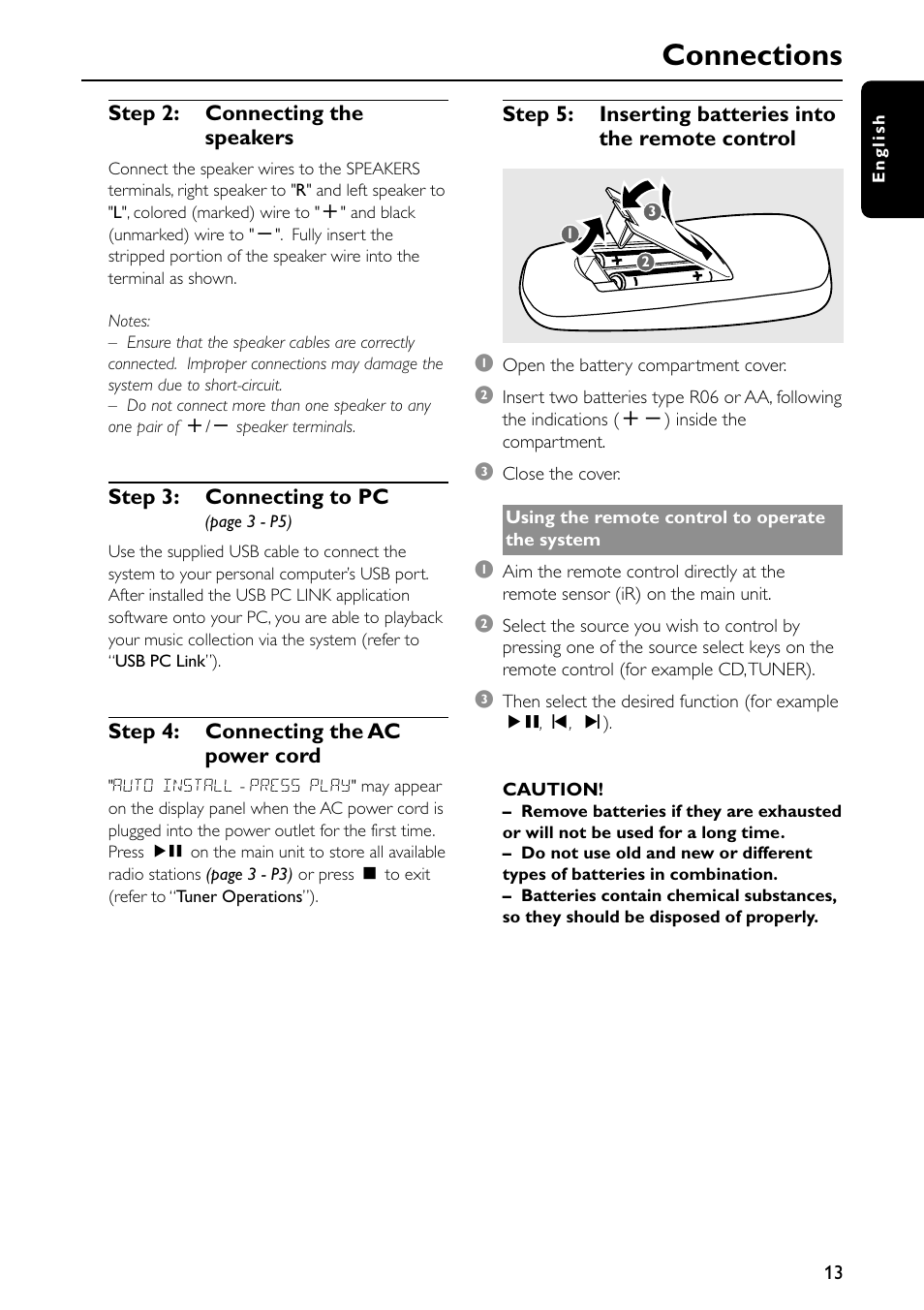 Connections | Philips Micro Hi-Fi System MC-500 MP3 User Manual | Page 13 / 27