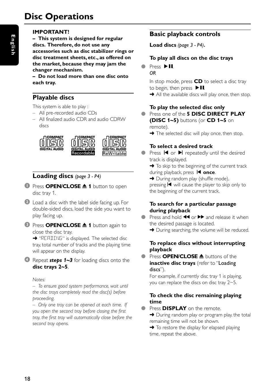 Disc operations | Philips Micro Hi-Fi System MC-500 MP3 User Manual | Page 18 / 27