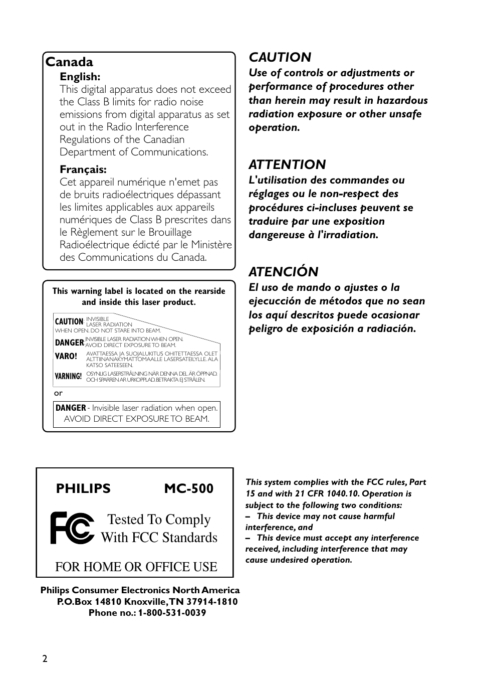 Tested to comply with fcc standards, Caution, Attention | Atención, Canada, For home or office use philips mc-500 | Philips Micro Hi-Fi System MC-500 MP3 User Manual | Page 2 / 27