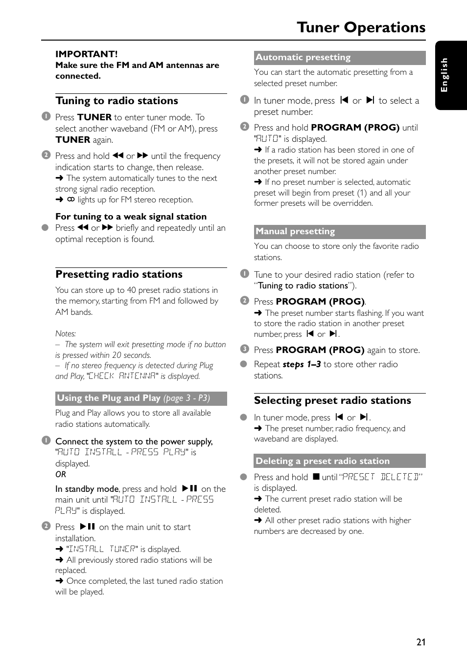 Tuner operations | Philips Micro Hi-Fi System MC-500 MP3 User Manual | Page 21 / 27