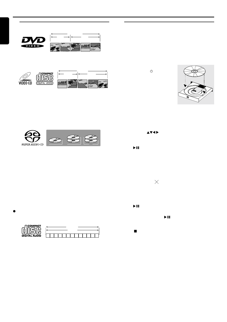 Operations, Discs information, Basic playback | 20 english, Audio cds contain only tracks, Press open/close to open the disc tray, Load a disc with the label side facing up, Press ç | Philips LX80003798 User Manual | Page 20 / 31