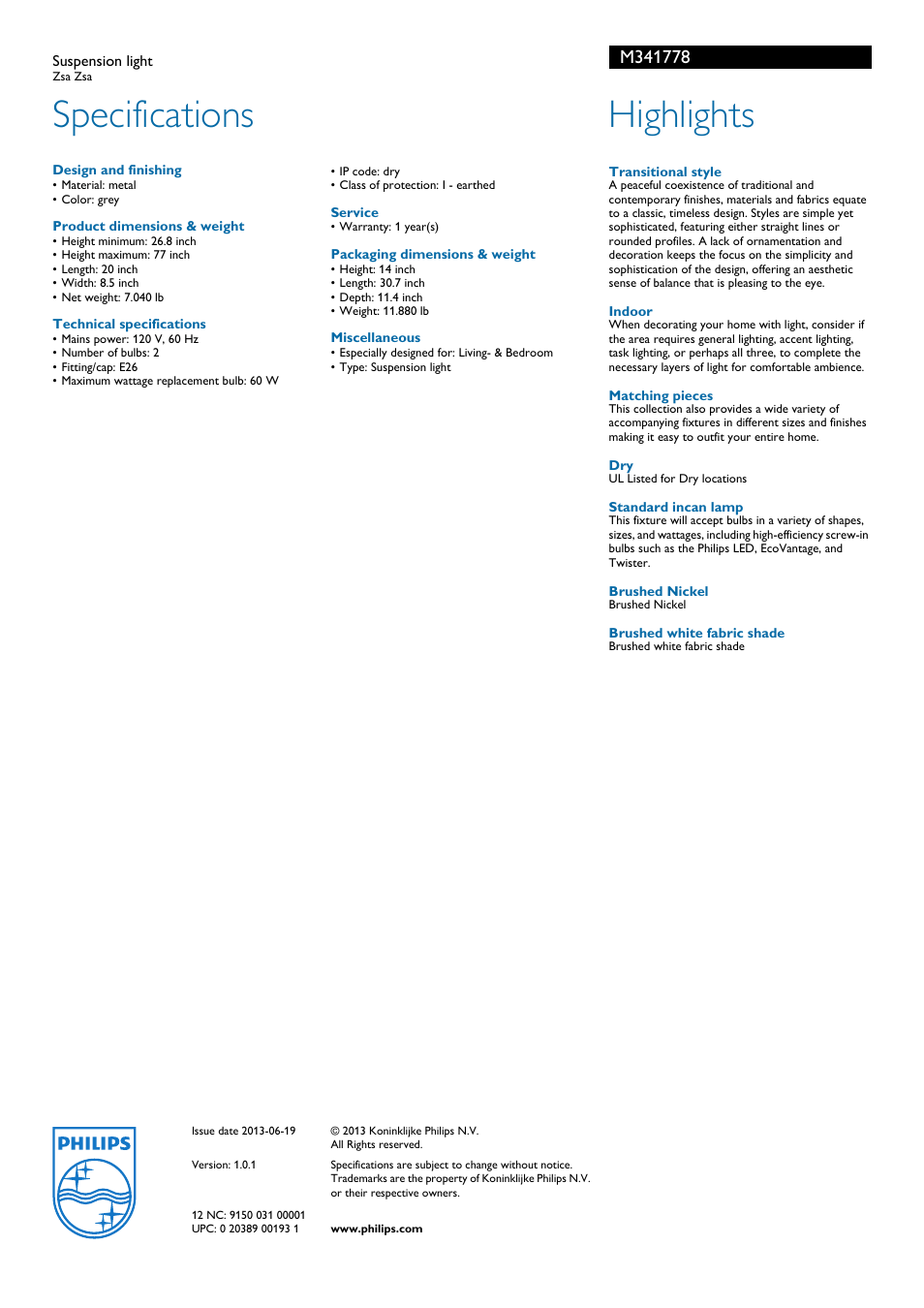 Specifications, Highlights | Philips M341778 User Manual | Page 2 / 2