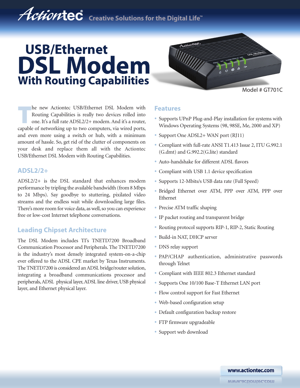 Actiontec electronic Actiontec USB/Ethernet DSL Modem with Routing Capabilities GT701C User Manual | 4 pages